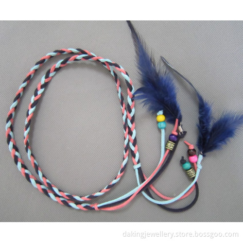 Braided Leather Belt With Feather, Plaited Suede Necklace With Feather